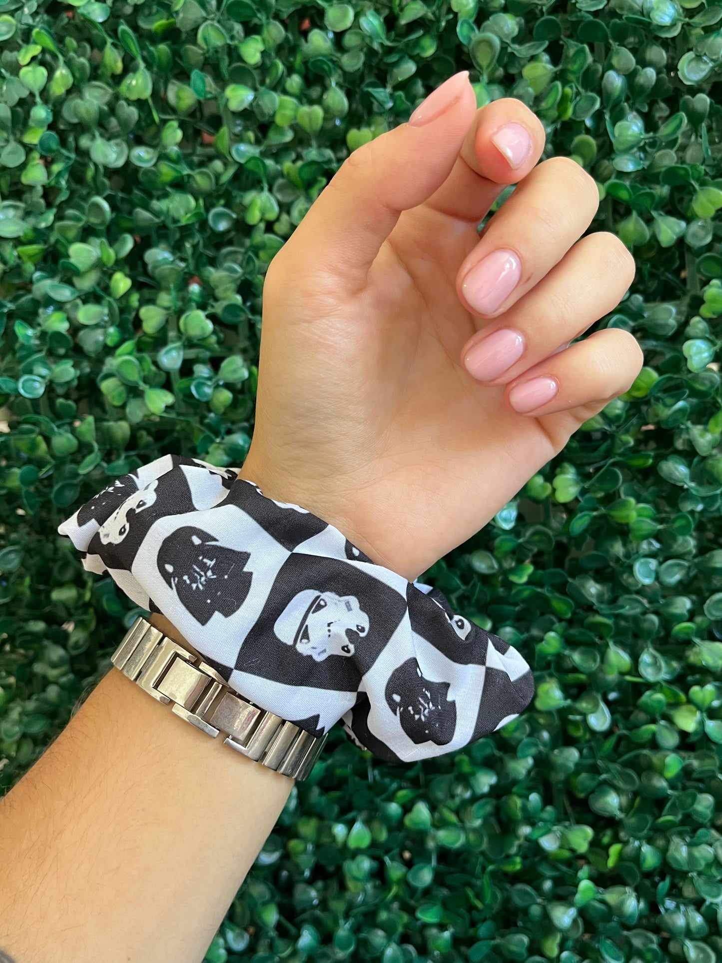 Handmade black and white sci-fi hair scrunchie