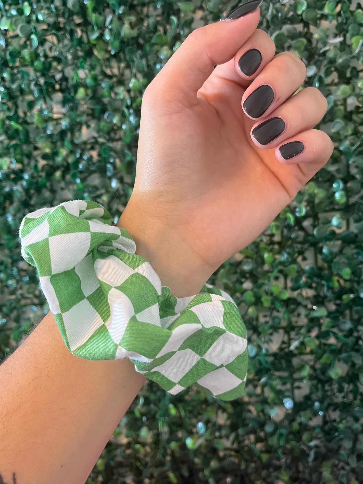 Handmade colourful pink, green, black and white checkerboard scrunchie hair tie elastic for thick hair.