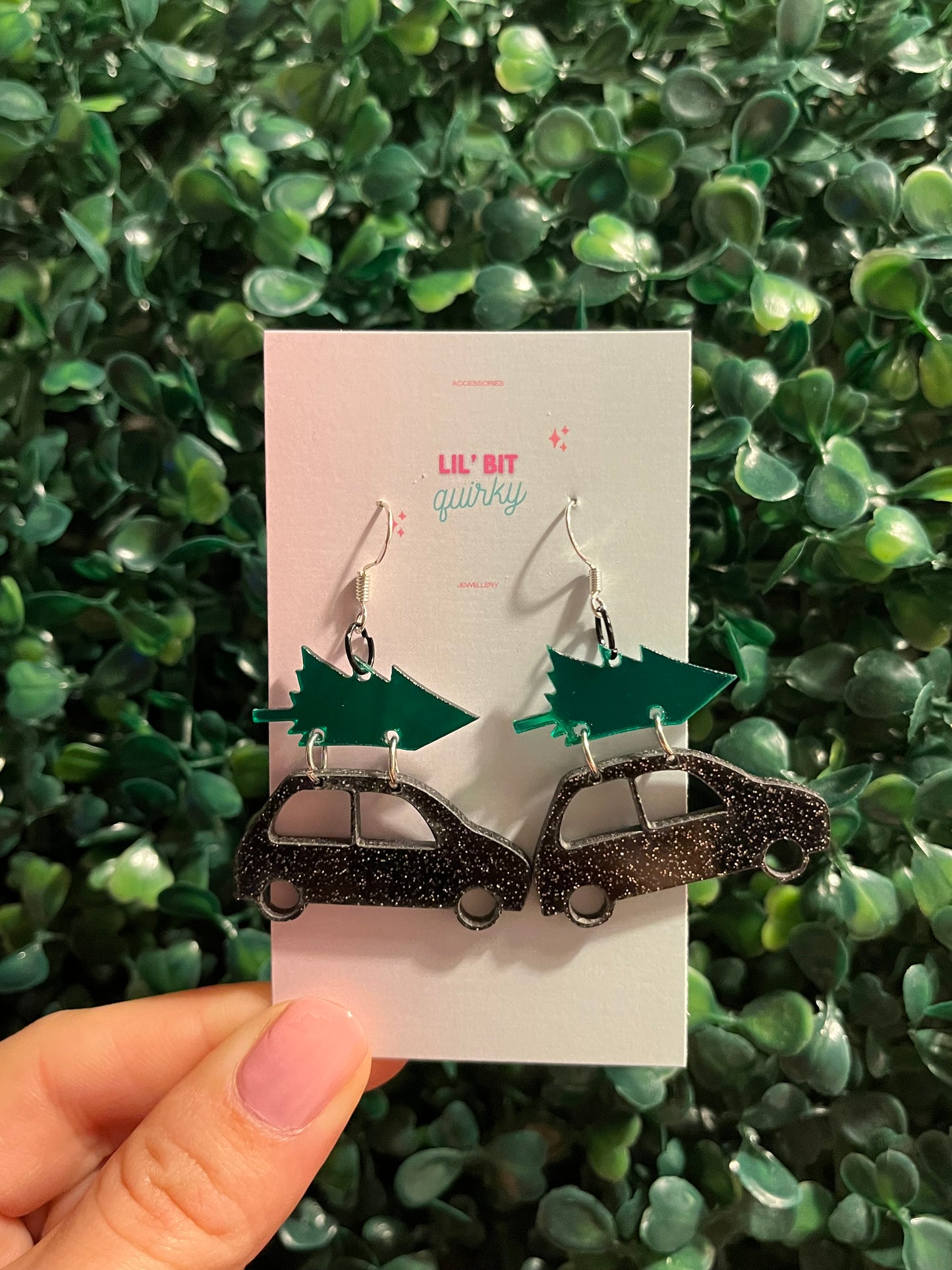 Driving home for Christmas glitter acrylic 925 sterling silver hook earrings