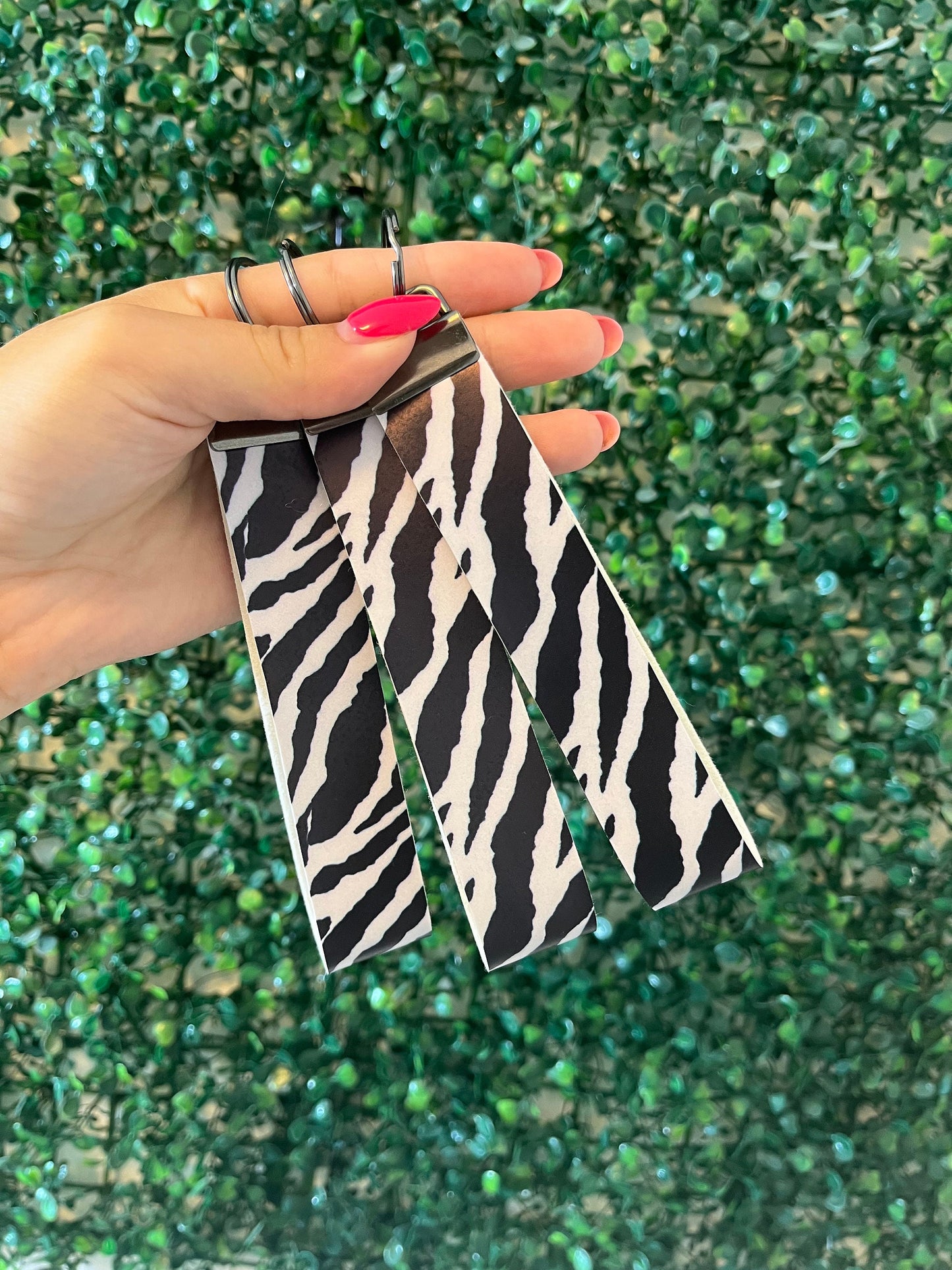 Zebra / Cow animal print black and white keychain wristlet keyring key fob for car keys.