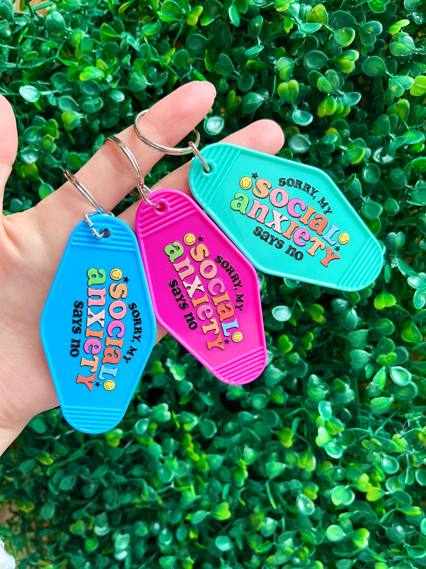 Handmade colourful motel hotel style quote keyring ‘my social anxiety says no’.
