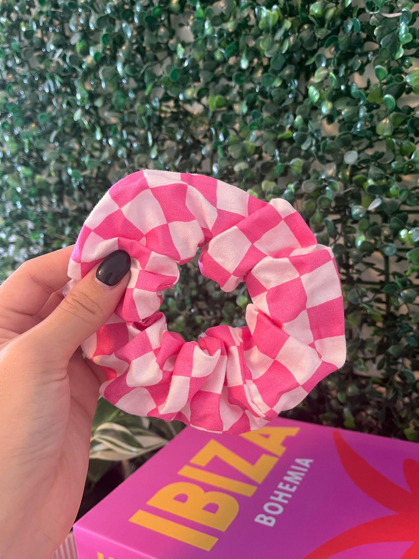 Handmade colourful pink, green, black and white checkerboard scrunchie hair tie elastic for thick hair.