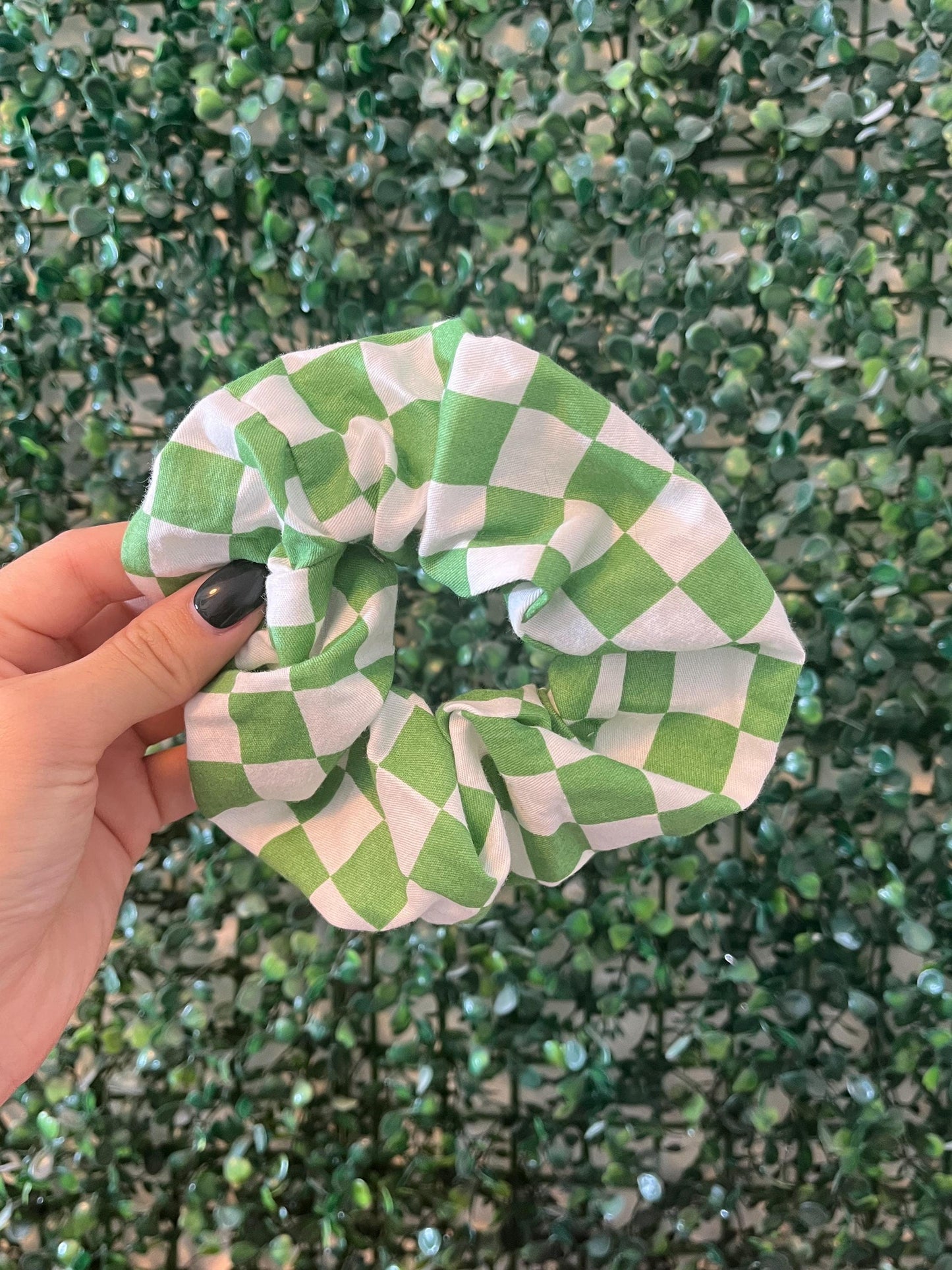 Handmade colourful pink, green, black and white checkerboard scrunchie hair tie elastic for thick hair.