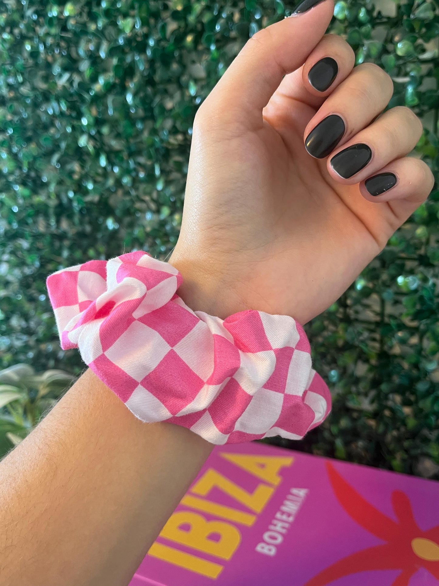 Handmade colourful pink, green, black and white checkerboard scrunchie hair tie elastic for thick hair.