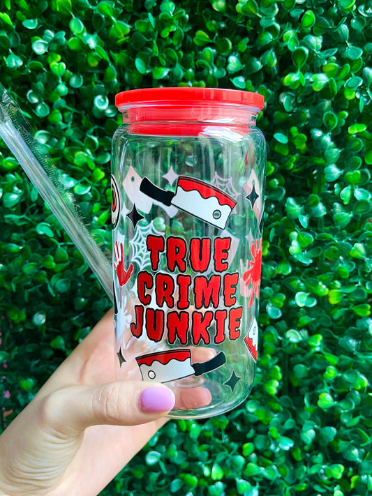 True crime junkie horror blood design red and pink 16oz acrylic plastic libbey cup tumbler with straw.