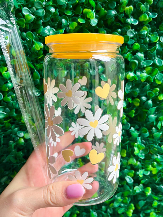 Yellow and white daisy design 16oz acrylic plastic libbey cup tumbler with straw.