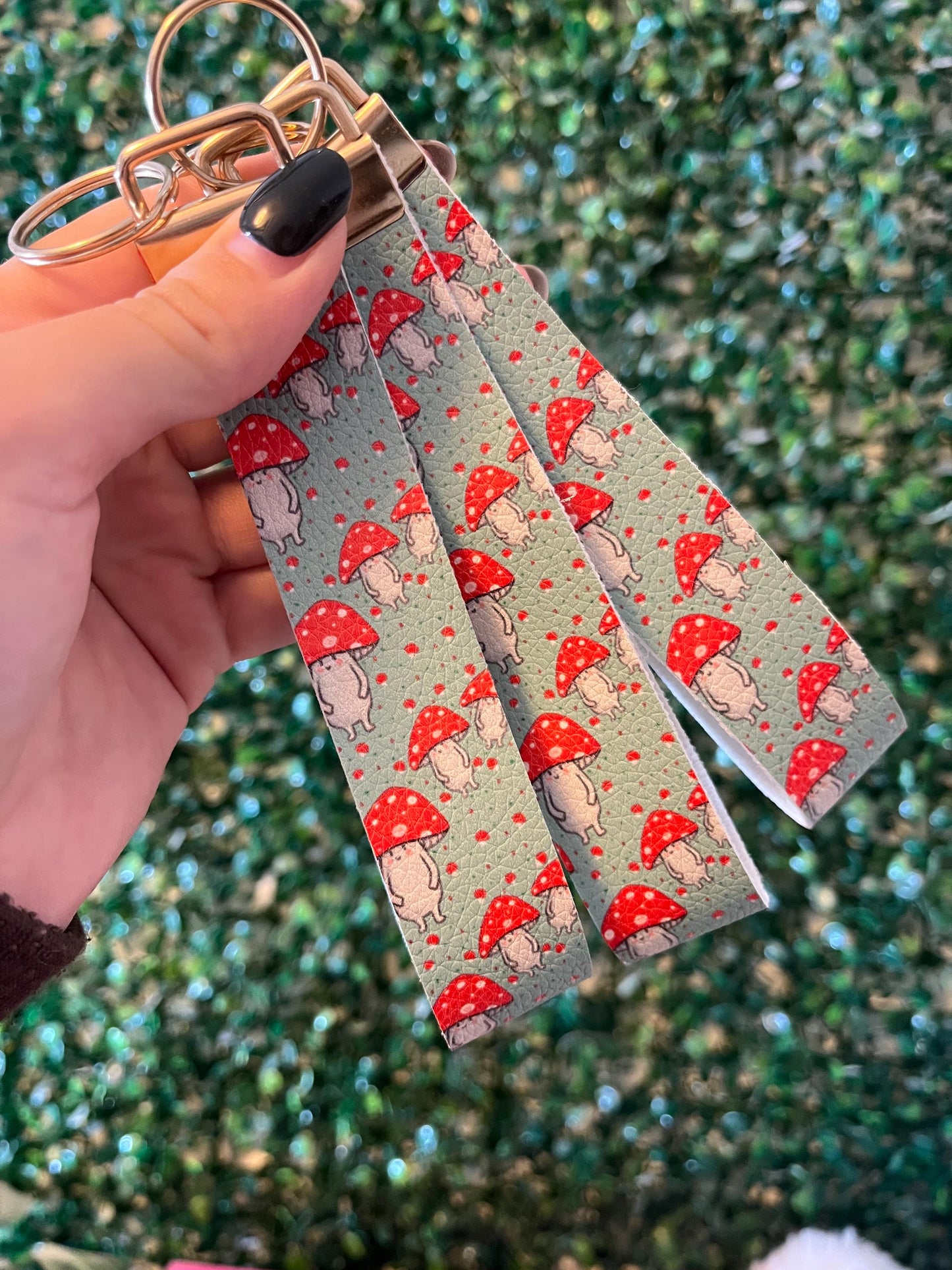 Autumnal mushroom toadstool character faux leather keyring wristlet car key keychain.