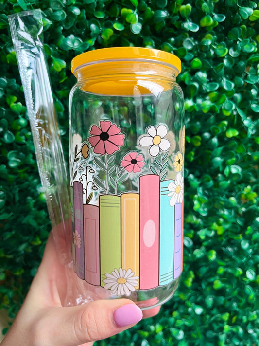 Yellow floral flower pretty book and flower illustration 16oz plastic acrylic libbey cup tumbler with straw.