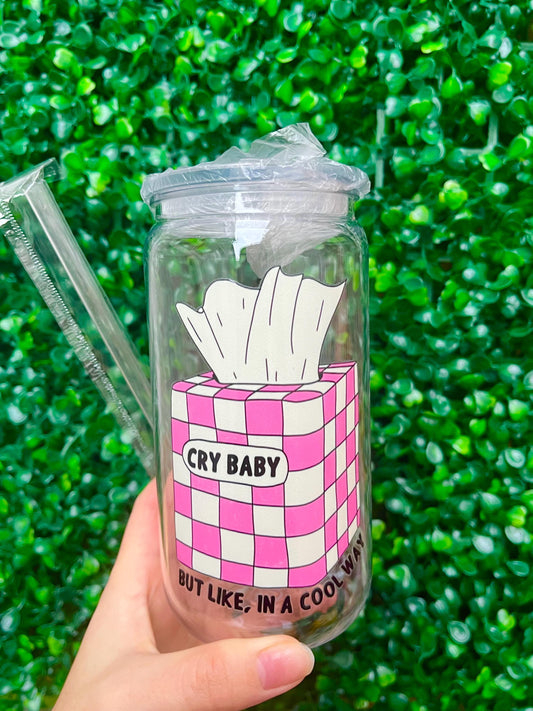Pink, white and black checkerboard cry baby 16oz plastic beer can tumbler cup with coloured lid and reusable plastic straw.