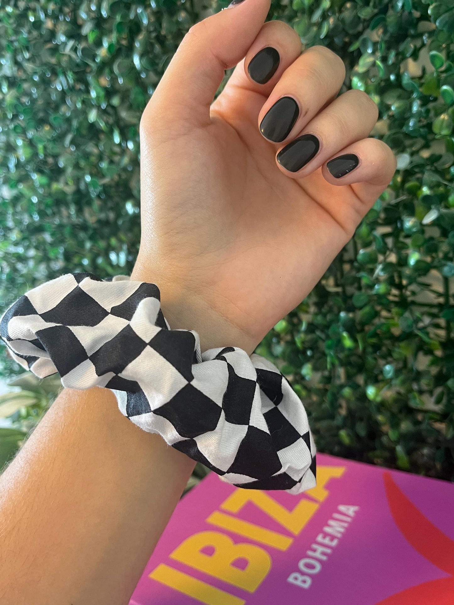 Handmade colourful pink, green, black and white checkerboard scrunchie hair tie elastic for thick hair.