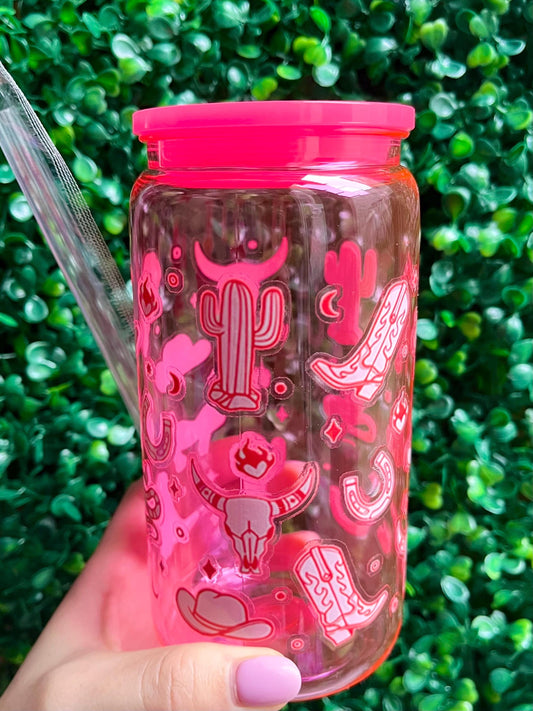 Yeehaw pink cowgirl print 16oz plastic acrylic libbey cup tumbler with straw!