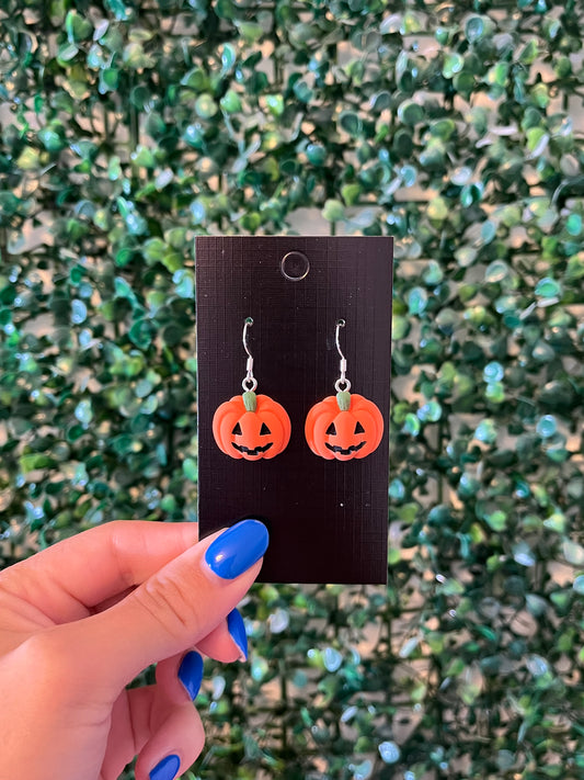 Playful fun spooky pumpkin Halloween 925 sterling silver hook earrings.