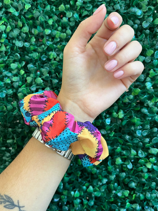 Handmade spooky patchwork hair scrunchie