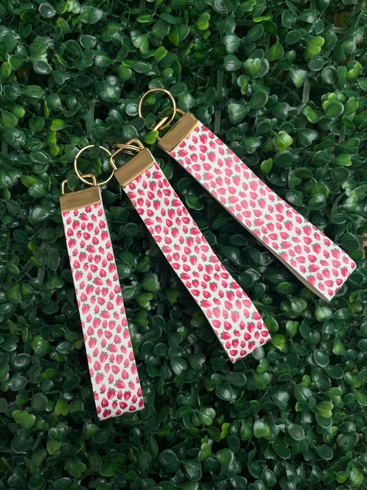 cute white and red strawberry illustration faux leather wristlet car key keyring.