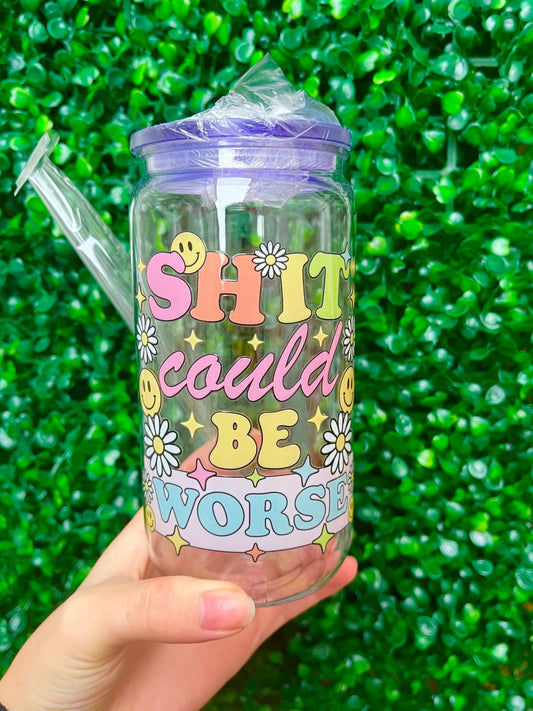 Sh*t could be worse pastel colourful quote 16oz plastic beer can tumbler cup with coloured lid and reusable plastic straw.