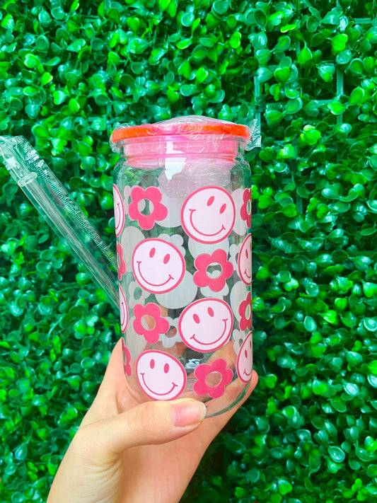 Pink heart flower valentines smiley face 16oz plastic beer can tumbler cup with coloured lid and reusable plastic straw.