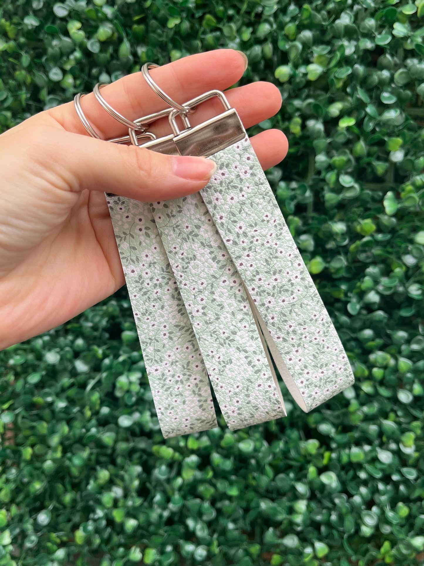 Floral sage green and white faux leather wristlet keyring car key keychain.