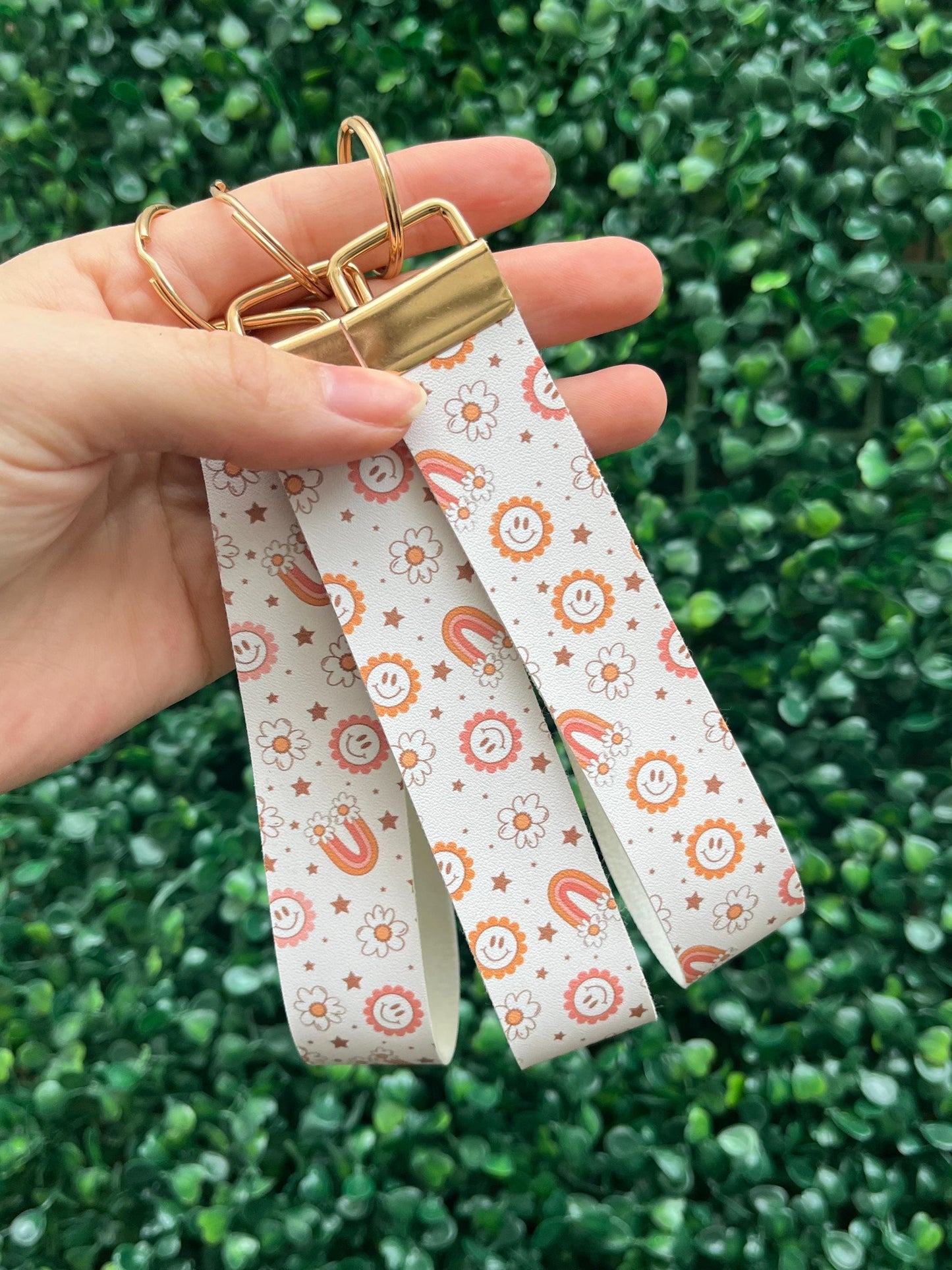 retro rainbow smiley floral orange and peaches faux leather wristlet car key keyring.
