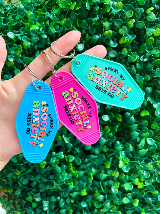 Handmade colourful motel hotel style quote keyring ‘my social anxiety says no’.