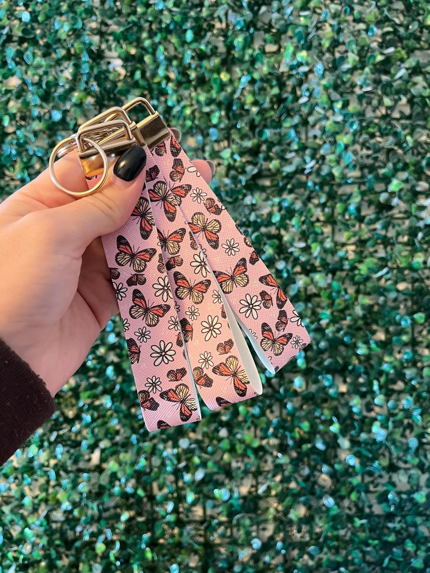 pink, orange and yellow butterfly faux leather wristlet keychain keyring car key accessory.