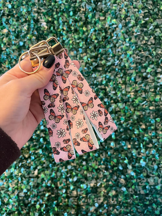 pink, orange and yellow butterfly faux leather wristlet keychain keyring car key accessory.