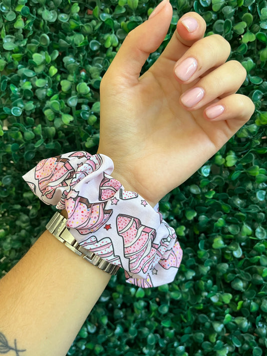 Handmade pink Christmas tree cookie hair scrunchie