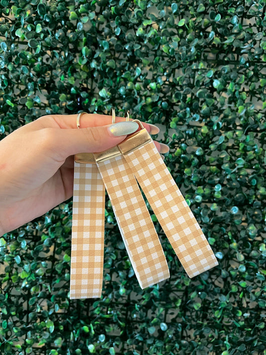 Beige gingham autumnal wristlet keyring car key keychain.