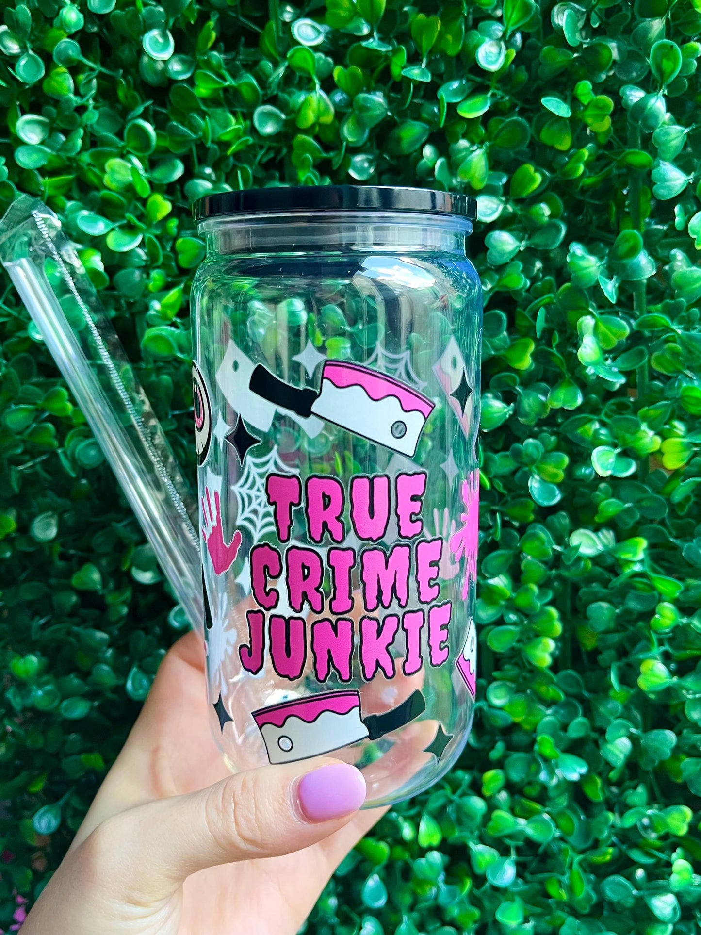 True crime junkie horror blood design red and pink 16oz acrylic plastic libbey cup tumbler with straw.