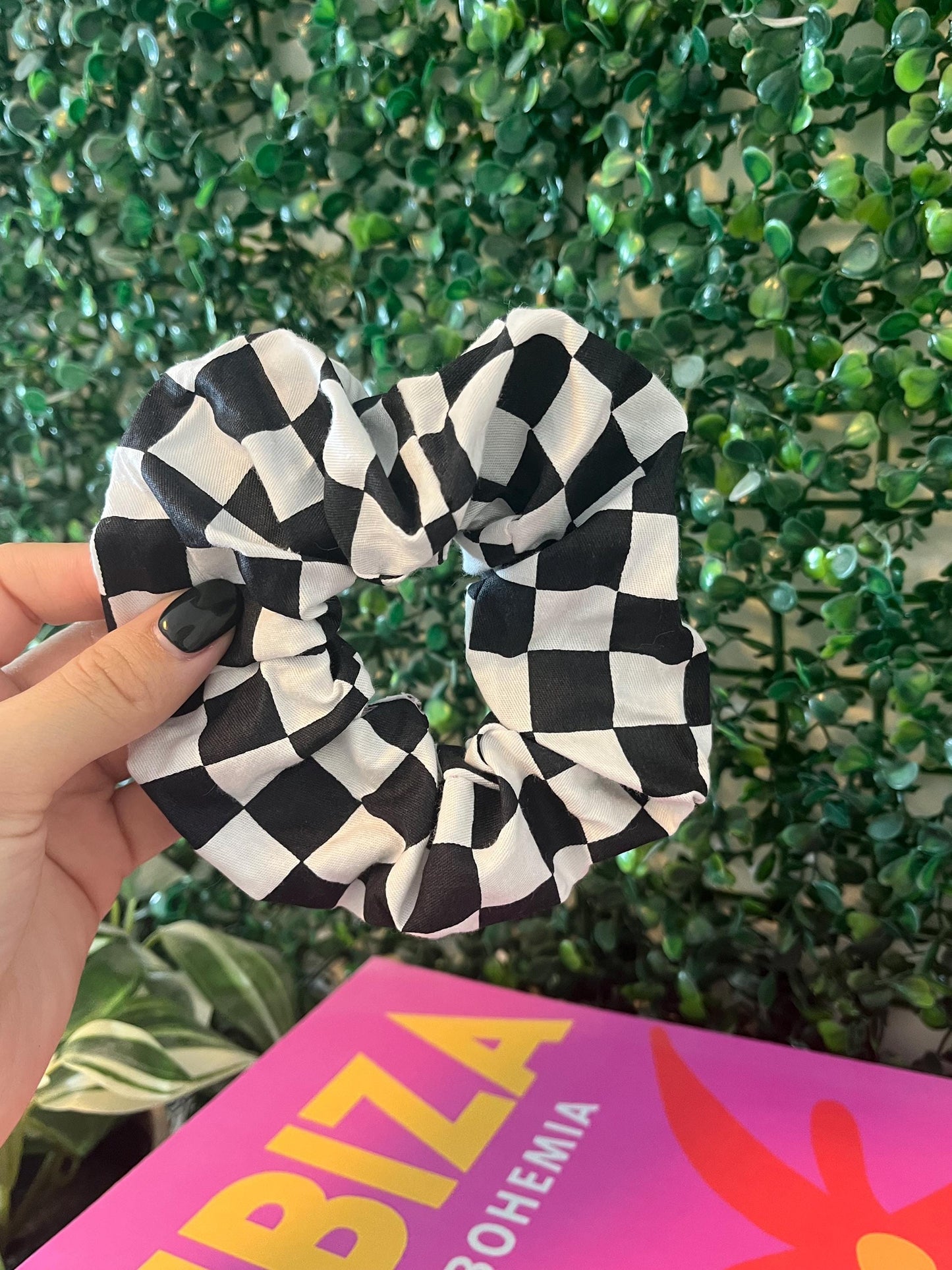 Handmade colourful pink, green, black and white checkerboard scrunchie hair tie elastic for thick hair.