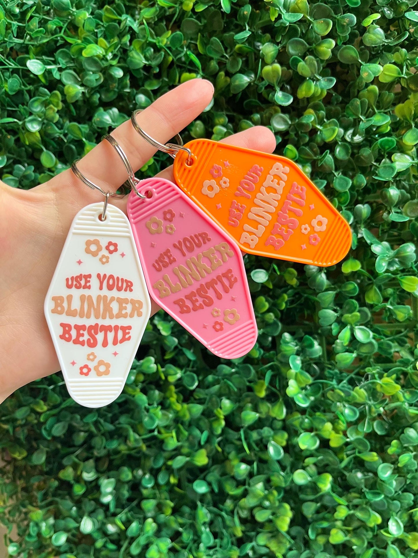 Handmade motel hotel style quote keyring ‘use your blinker bestie’.