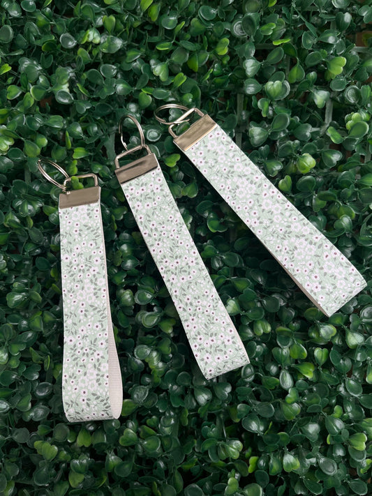 Floral sage green and white faux leather wristlet keyring car key keychain.