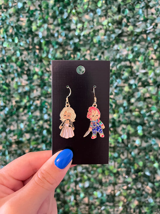 Horror couple spooky Halloween enamel 925 sterling silver hook earrings.