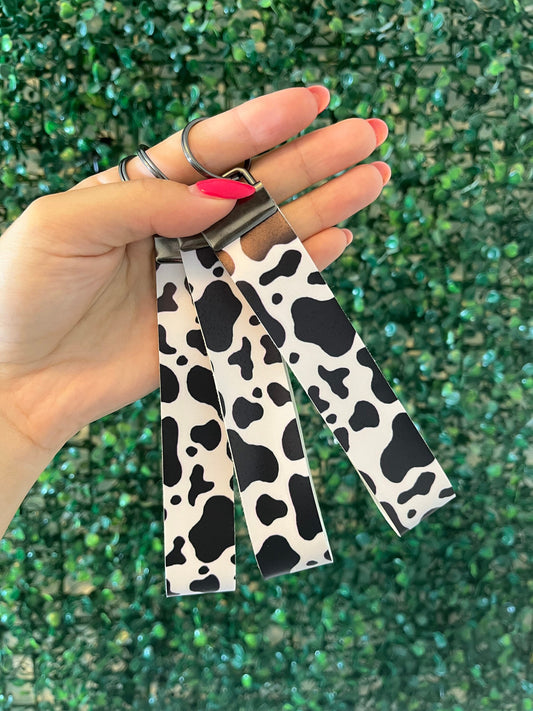 Zebra / Cow animal print black and white keychain wristlet keyring key fob for car keys.