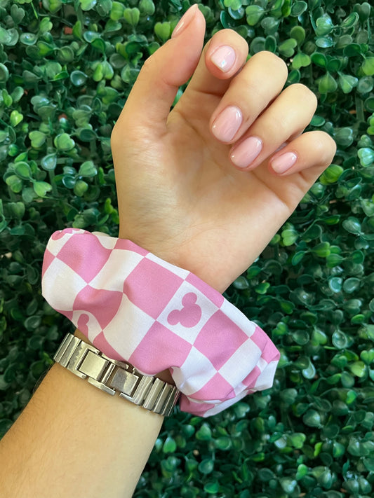 Handmade dusty pink checkerboard hair scrunchie.