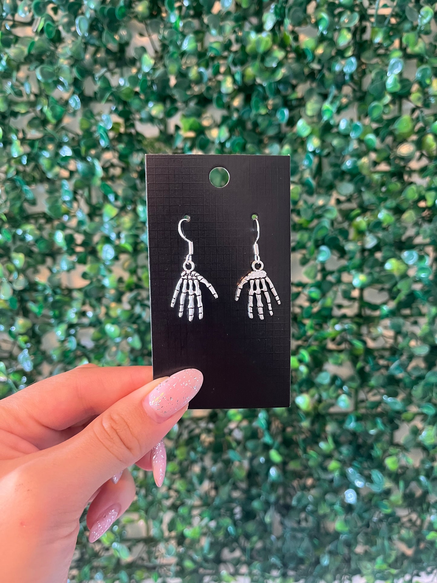 Spooky skeleton hand halloween 925 sterling silver hook earrings.
