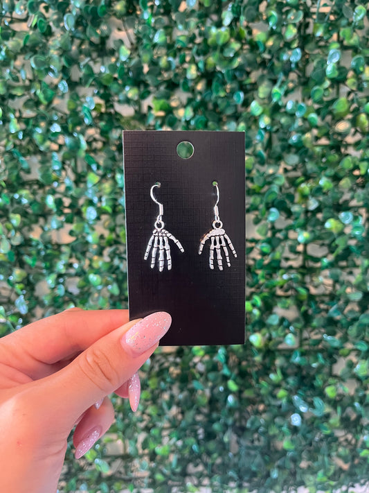 Spooky skeleton hand halloween 925 sterling silver hook earrings.