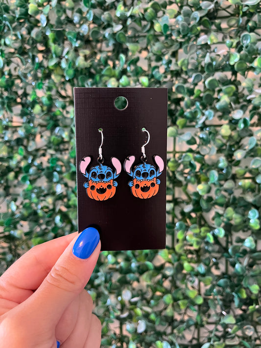 Fun blue monster spooky Halloween pumpkin enamel 925 sterling silver hook earrings.