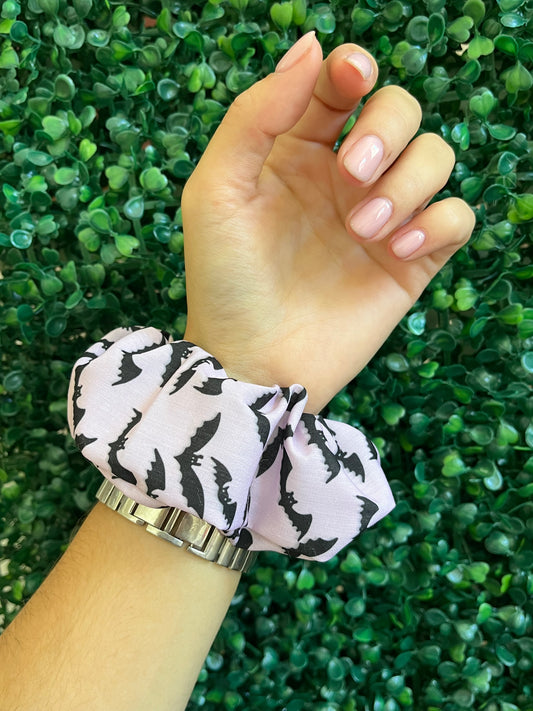 Handmade pink and black spooky bat hair scrunchie