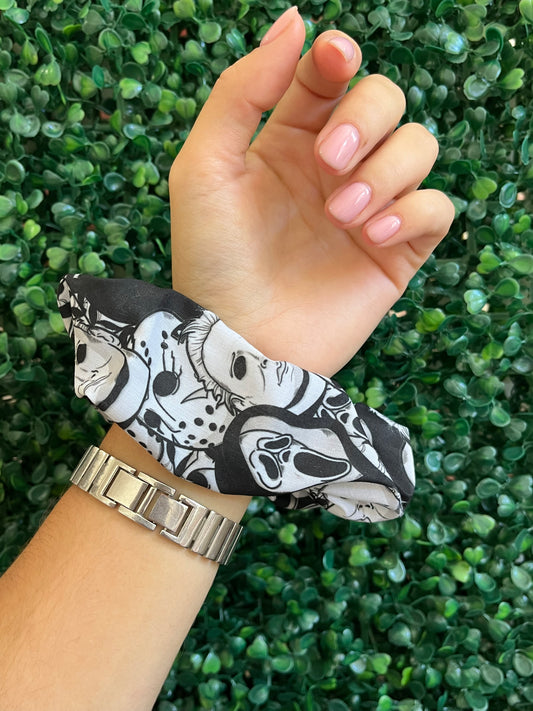 Handmade black and white horror hair scrunchie