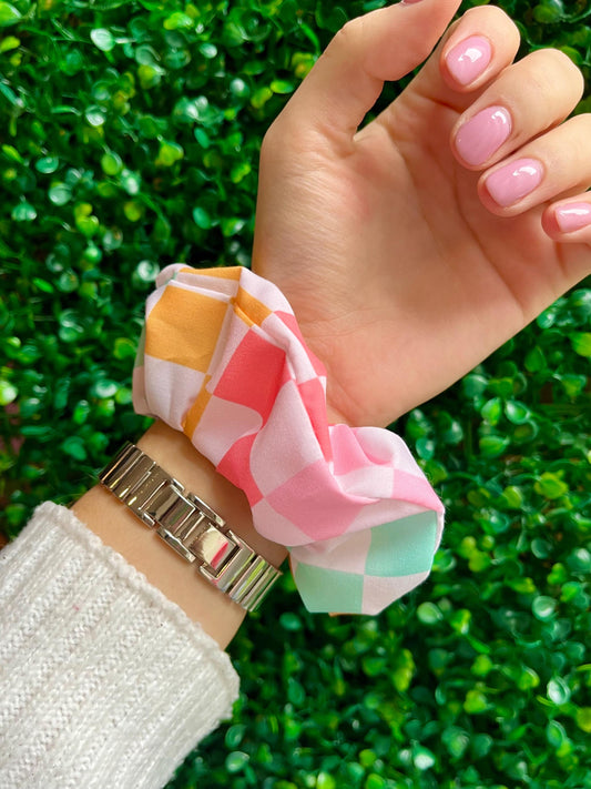 Handmade colourful checkerboard elasticated hair accessory scrunchie.