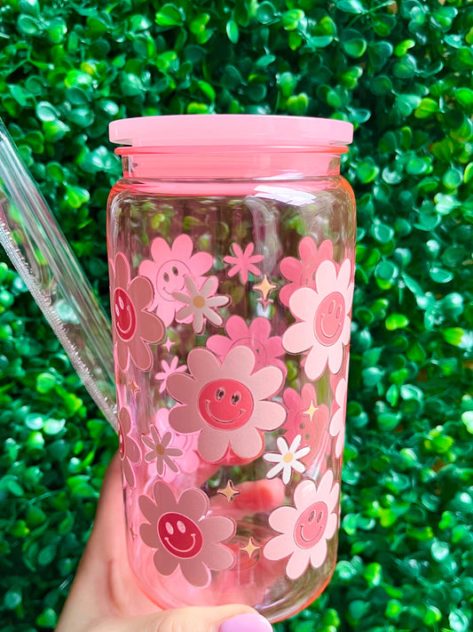 Pink smiley flower daisy 16oz plastic acrylic tumbler cup with straw.