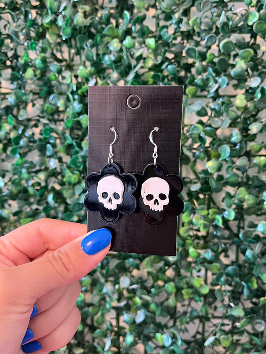 black and white flower power spooky skull 925 sterling silver hook earrings.
