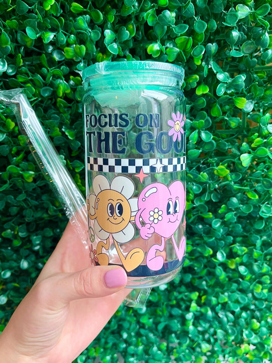 focus on the good motivational smiley flower plastic 16oz libbey cup tumbler with straw.