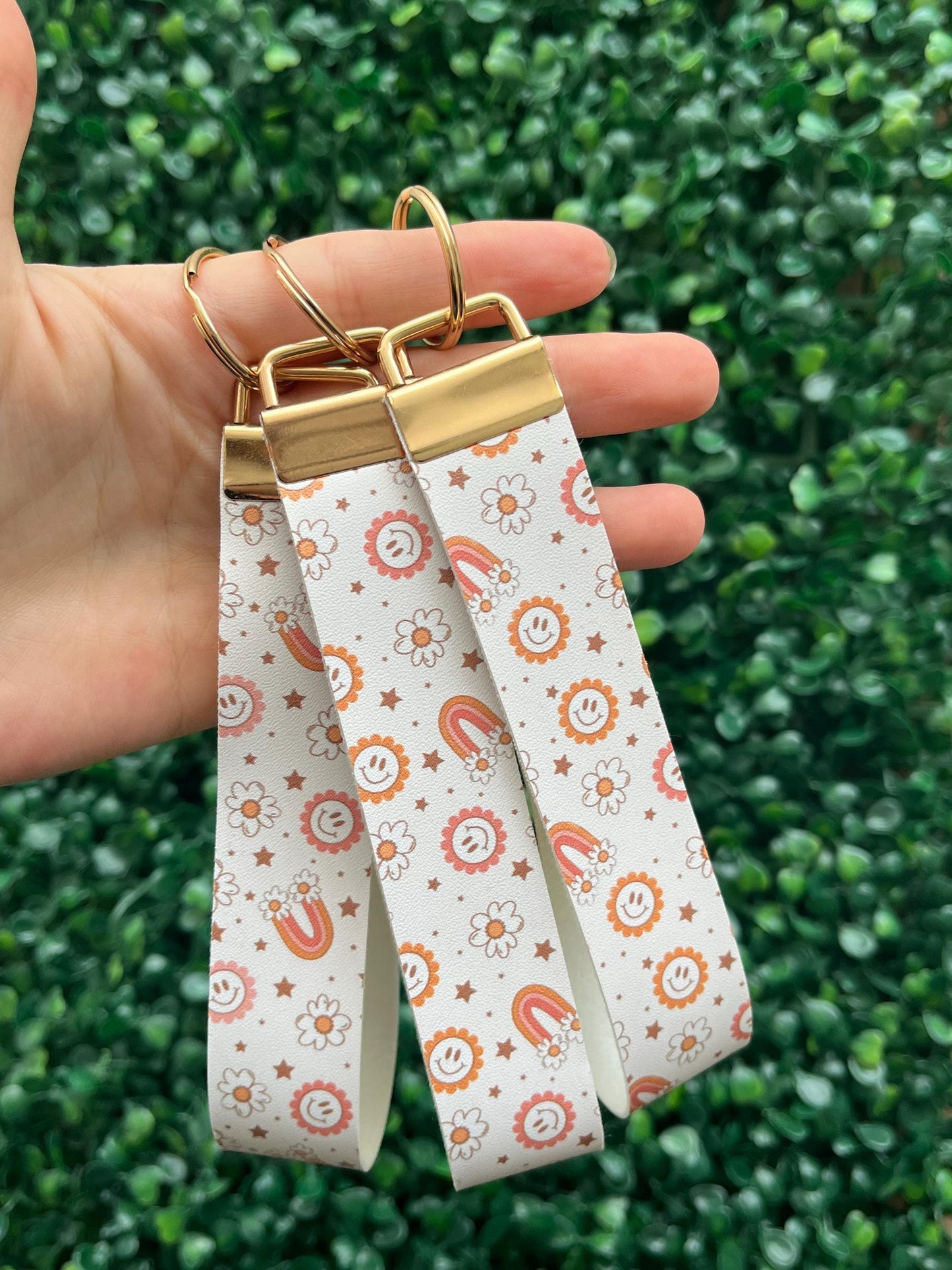 retro rainbow smiley floral orange and peaches faux leather wristlet car key keyring.