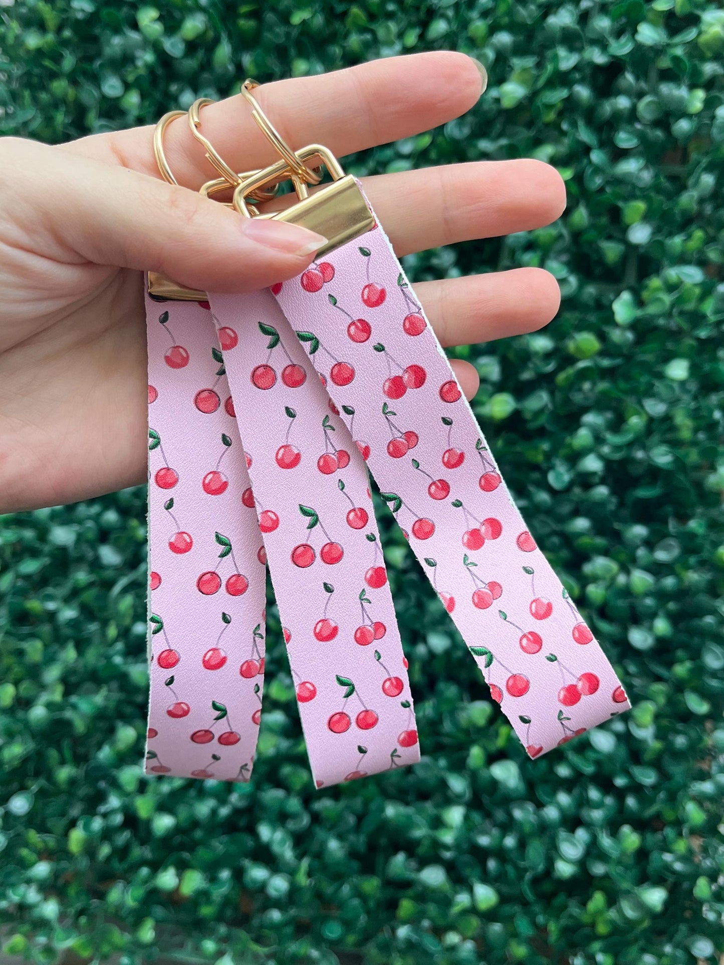 cute pink and red cherry faux leather wristlet car key keyring.