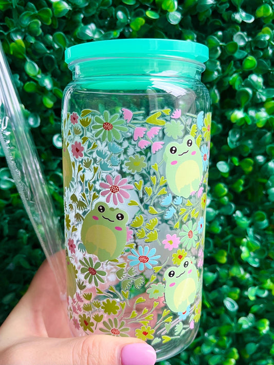 Adorable floral flower frog summertime design on 16oz plastic acrylic libbey cup tumbler with straw.
