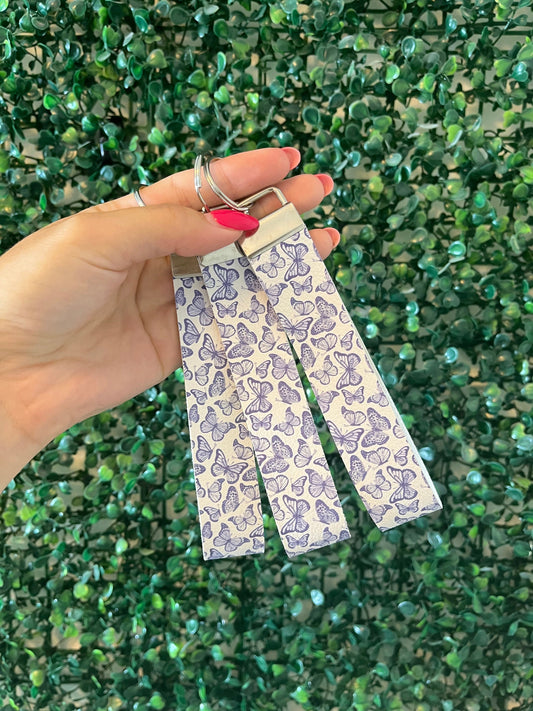 Blue and white butterfly keychain keyring wristlet key fob for car keys.