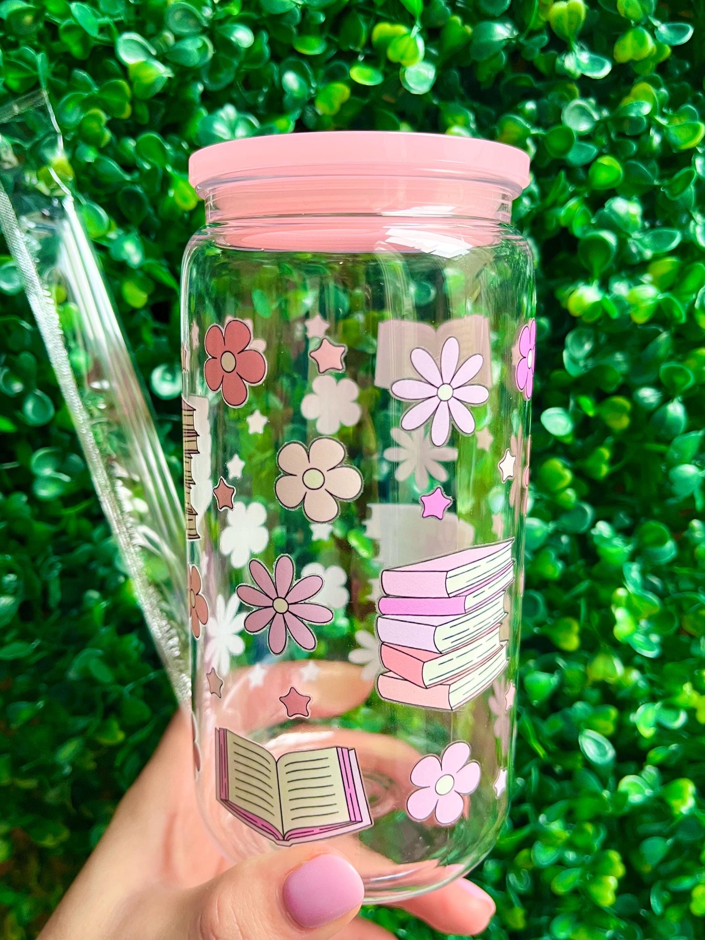 Girly pink and pretty book and flower illustration 16oz plastic acrylic libbey cup tumbler with straw.