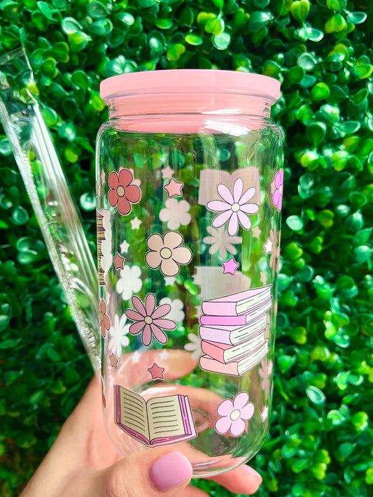 Girly pink and pretty book and flower illustration 16oz plastic acrylic libbey cup tumbler with straw.