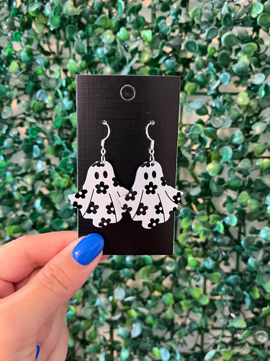 black and white flower power ghosty ghost horror Halloween 925 sterling silver hook earrings.